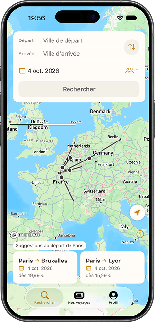 The RoamOv app: searching for a trip from Paris on a map of Europe